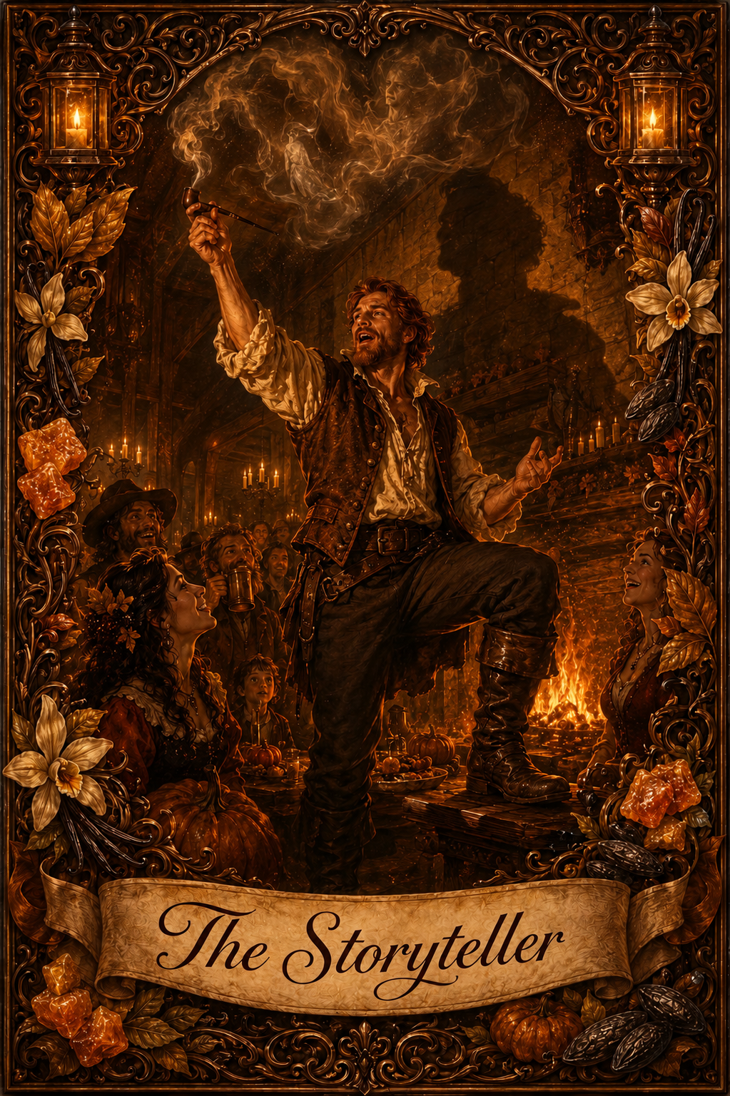 The Storyteller- character card, the teller up on his bench with pipe held high, the whole tavern turned toward him