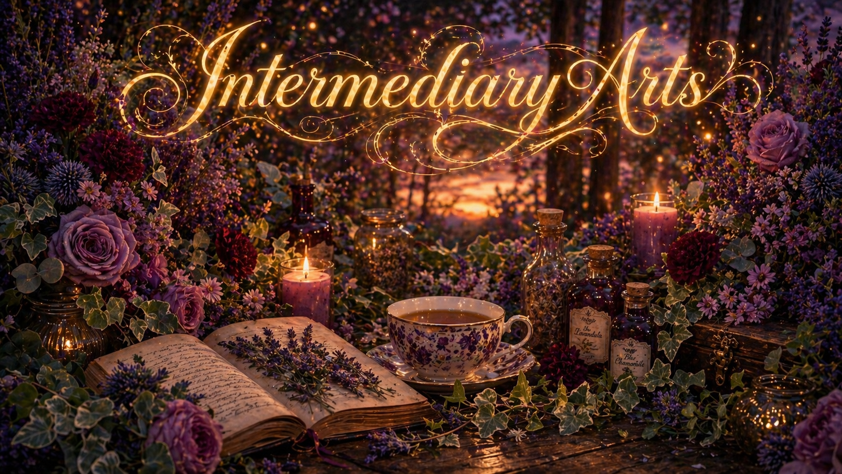 Intermediary Arts- dusk still life with candles, teas, tinctures and a pressed-flower journal