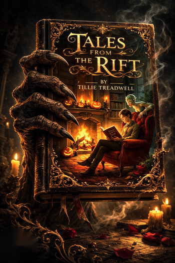 Tales from the Rift- book cover, a clawed hand holding the book while the reader by the hearth reads on, unaware
